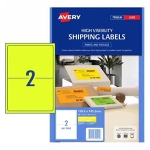 AVERY LABELS HI VIS SHIPPING Flouro Yellow 2Up 10 sheets